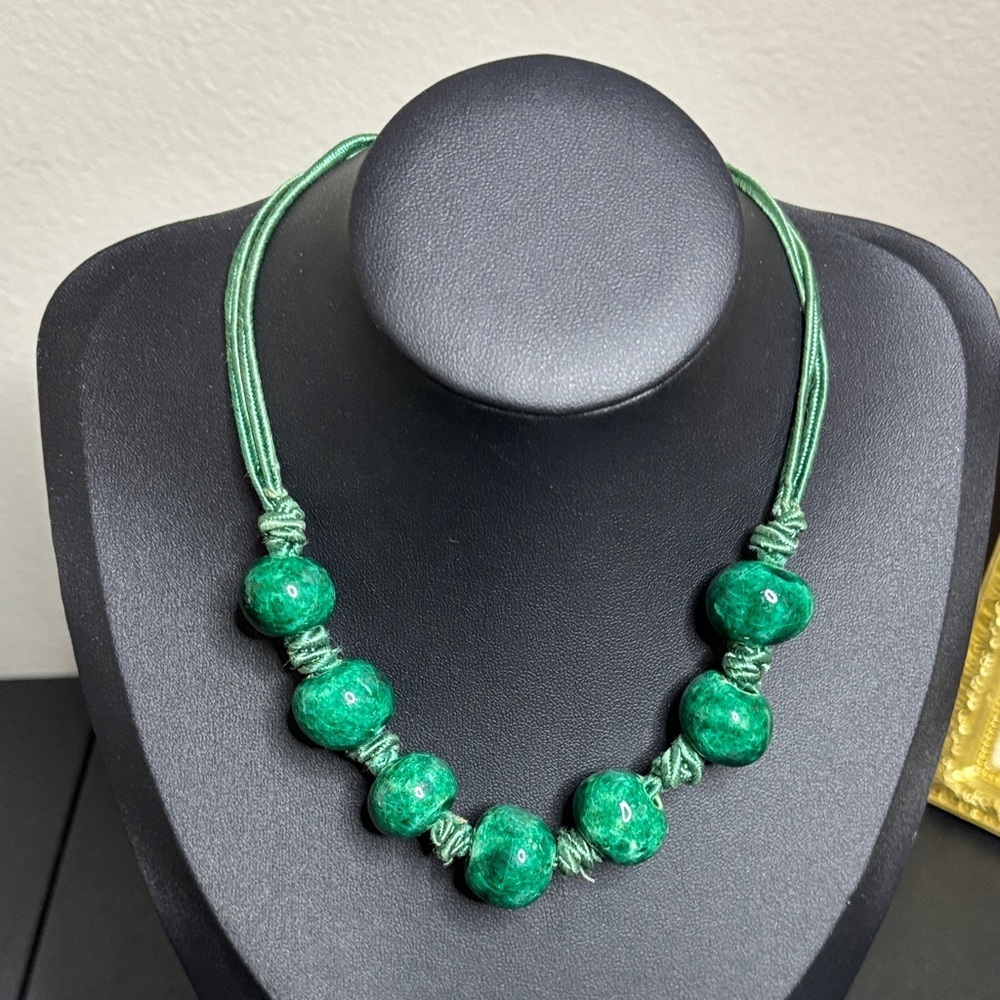 Vintage Ceramic Choker Green Beaded Necklace